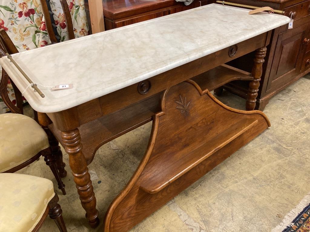 A 19th century French marble top oak patisserie table, width 150cm, depth 62cm, height 142cm